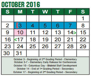 District School Academic Calendar for Denton Co J J A E P for October 2016