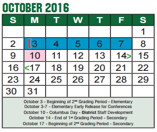 District School Academic Calendar for Denton H S for October 2016