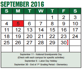 District School Academic Calendar for Denton H S for September 2016