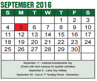 District School Academic Calendar for Denton Co J J A E P for September 2016