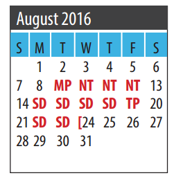 District School Academic Calendar for Jake Silbernagel Elementary for August 2016
