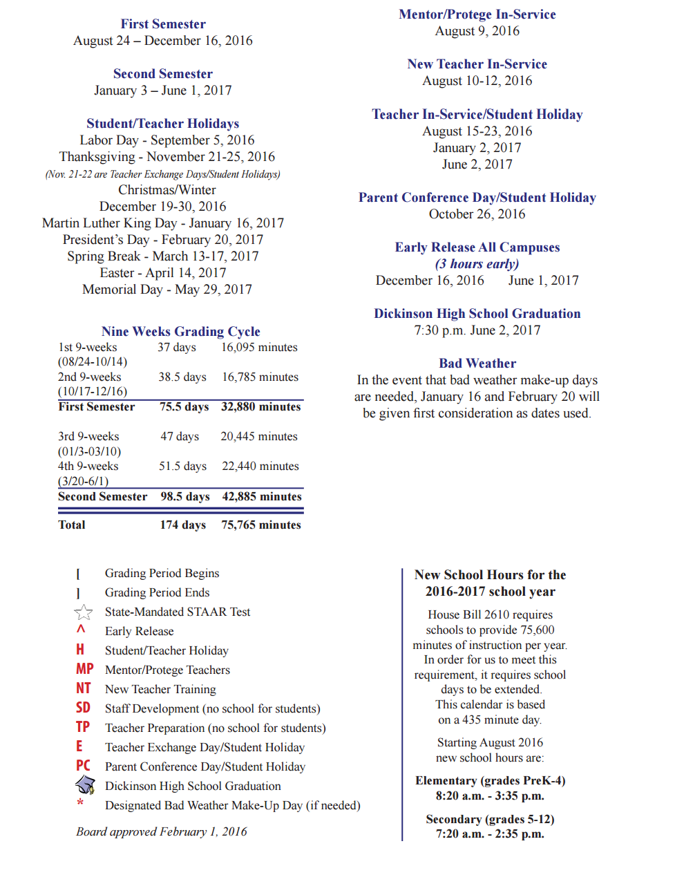 District School Academic Calendar Key for Dickinson High School