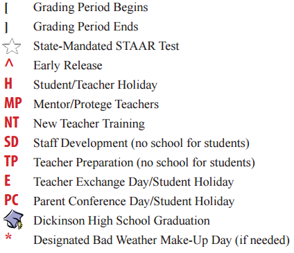 District School Academic Calendar Legend for San Leon Elementary