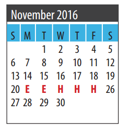 District School Academic Calendar for Jake Silbernagel Elementary for November 2016