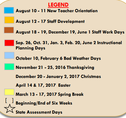District School Academic Calendar Legend for Ochoa Elementary