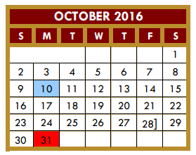 District School Academic Calendar for Donna Alternative Education Progra for October 2016