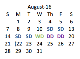 District School Academic Calendar for Bilhartz Jr Elementary for August 2016