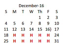 District School Academic Calendar for Hyman Elementary for December 2016