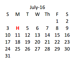 District School Academic Calendar for Bilhartz Jr Elementary for July 2016