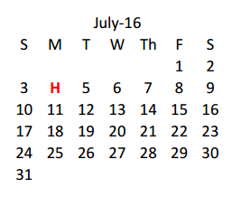 District School Academic Calendar for H Bob Daniel Sr Intermediate for July 2016