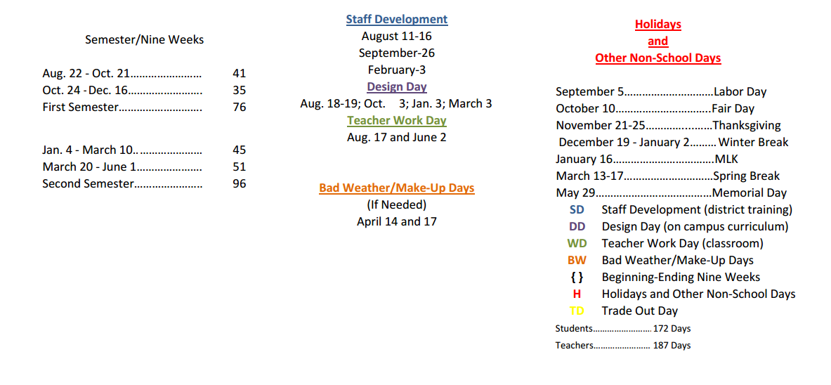 District School Academic Calendar Key for P A S S Learning Ctr