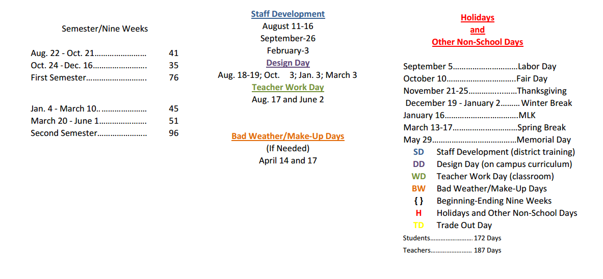 District School Academic Calendar Key for Hyman Elementary