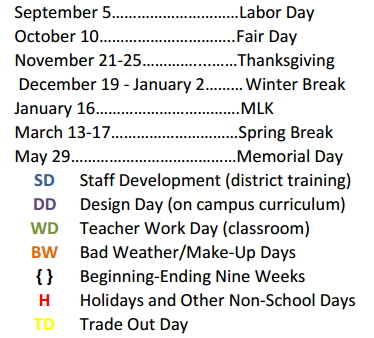 District School Academic Calendar Legend for Reed Middle School