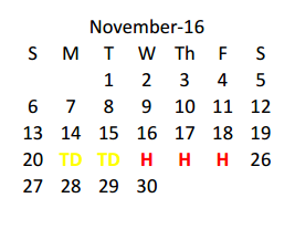 District School Academic Calendar for Kennemer Middle School for November 2016