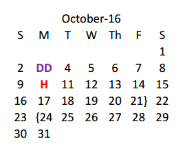 District School Academic Calendar for Hyman Elementary for October 2016