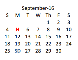 District School Academic Calendar for H Bob Daniel Sr Intermediate for September 2016