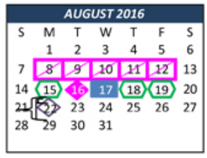 District School Academic Calendar for Weldon Hafley Development Center for August 2016