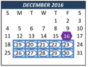 District School Academic Calendar for Weldon Hafley Development Center for December 2016