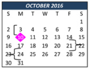 District School Academic Calendar for Weldon Hafley Development Center for October 2016