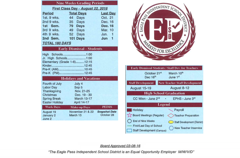 District School Academic Calendar Key for Early Childhood Center