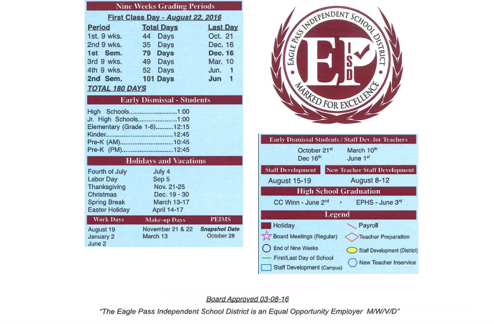 Eagle Pass Junior High School District Instructional Calendar Eagle Pass Isd 2016 2017