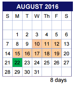 District School Academic Calendar for Barton Creek Elementary for August 2016
