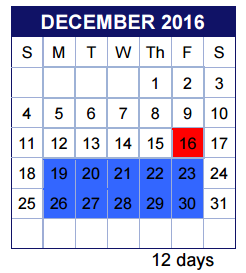 District School Academic Calendar for Valley View Elementary for December 2016