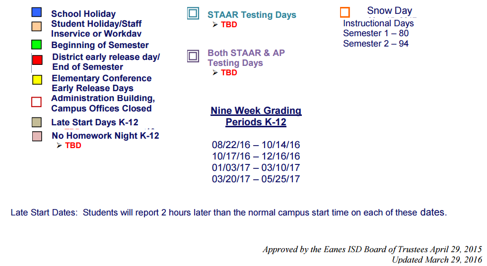 District School Academic Calendar Key for Travis Co J J A E P