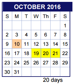 District School Academic Calendar for Valley View Elementary for October 2016