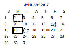 District School Academic Calendar for East Central Dev Ctr for January 2017