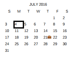 District School Academic Calendar for East Central Dev Ctr for July 2016
