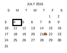 District School Academic Calendar for Salado Int for July 2016