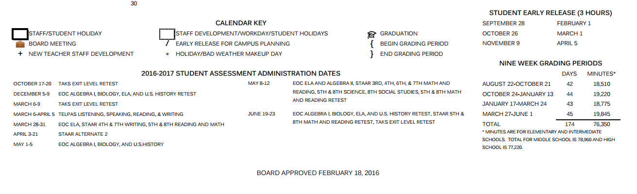 District School Academic Calendar Key for East Central High School