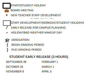 District School Academic Calendar Legend for Oak Crest Intermediate