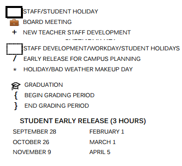 District School Academic Calendar Legend for East Central Heritage Middle