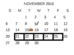 District School Academic Calendar for Sinclair Elementary School for November 2016