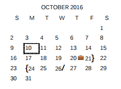 District School Academic Calendar for East Central Dev Ctr for October 2016