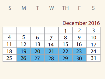 District School Academic Calendar for Van Zandt Ssa for December 2016