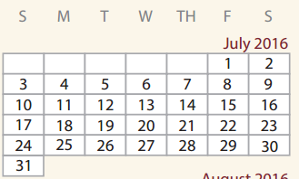 District School Academic Calendar for Alternative Center for July 2016