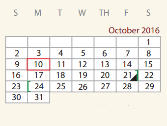 District School Academic Calendar for Van Zandt Ssa for October 2016