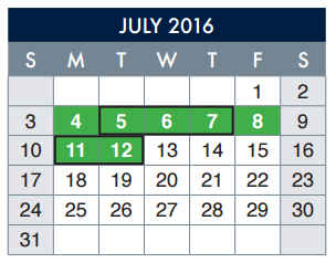 District School Academic Calendar for Hillside Elementary for July 2016