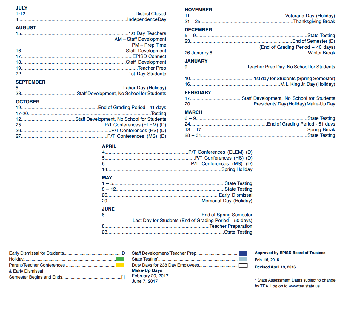 District School Academic Calendar Key for E-2 Central NE El Don't Use