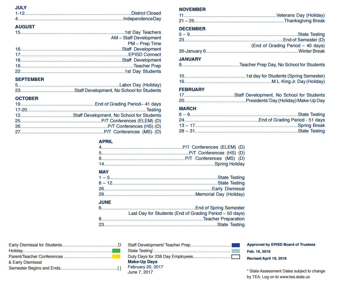 District School Academic Calendar Key for Houston About Face Elementary