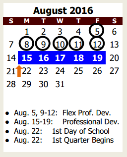 District School Academic Calendar for A E P for August 2016