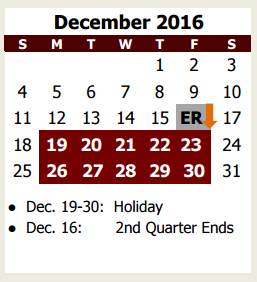 District School Academic Calendar for Crosby Elementary for December 2016
