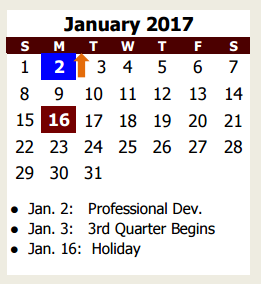 District School Academic Calendar for Crosby Elementary for January 2017