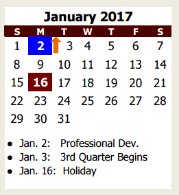 District School Academic Calendar for Johnson Elementary for January 2017