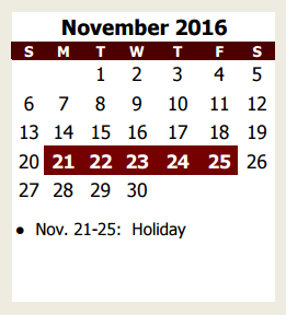 District School Academic Calendar for L E Claybon Elementary for November 2016