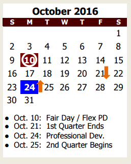 District School Academic Calendar for L E Claybon Elementary for October 2016