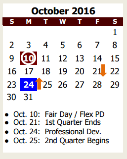 District School Academic Calendar for Crosby Elementary for October 2016